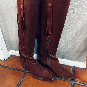 Bronx Brown Suede Fringe Knee-High Heeled Boots